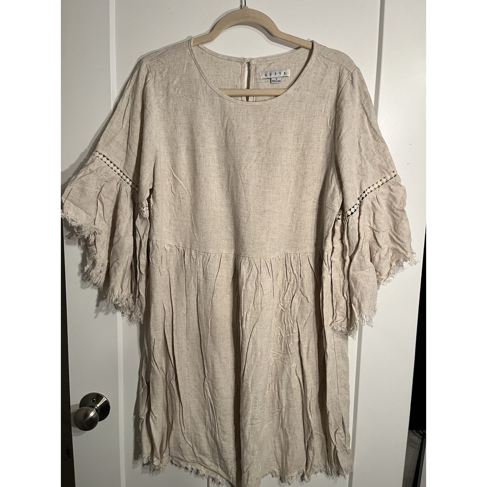HYFVE Womens Linen Blend Boho Babydoll Dress L Beige Bell Sleeve Fringe Hem